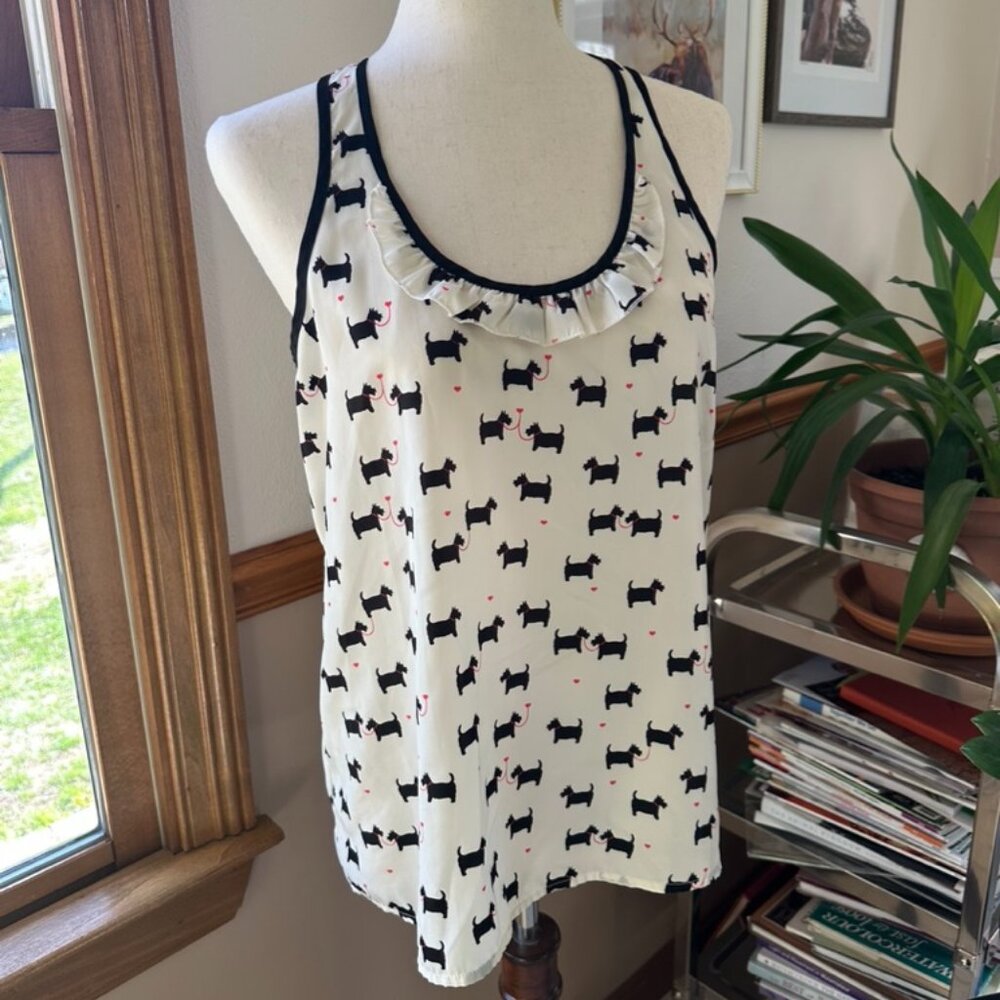 Candie's Sleeveless Blouse, Scottie Print with Ruffle Details, M, EUC